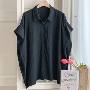 샵앤) 여성 카라넥 오버핏 2컬러 셔링 반팔 블라우스 DGB-WBL-4562-블랙