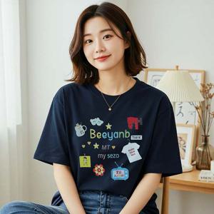 샵앤) 여성 기본 프린팅 루즈핏 네이비 반팔 티셔츠 WON-WSH-WFI0BEK