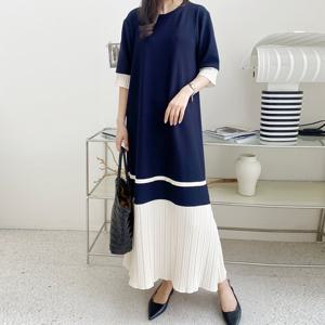 샵앤) 국산 여성 라운드 투톤 배색 주름 오버핏 롱원피스 LL-WDR-4671-네이비