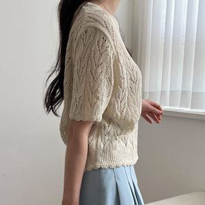 샵앤) 국산 여성 라운드넥 뜨개 그물 펀칭 반팔 니트티 셔츠21DS-WKN-4615-그린