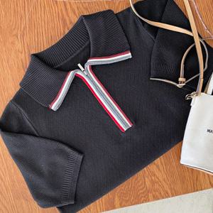 샵앤) 여성 카라넥 배색 반집업 반팔 니트티 DGB-WKN-4730-블랙