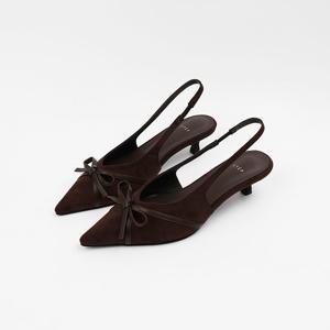 [신난다슈]여성 슬링백 힐 4cm 리본 스틸레토 슬링백 구두 펌프스 미들힐 ST251103 브라운