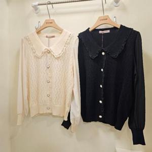 스테파니 HC07 레이스 카라  지그재그 쉬폰 배색 니트 블라우스 A25SW5304