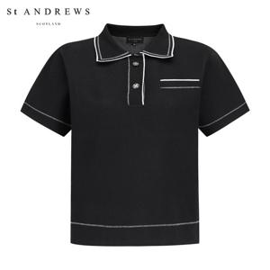 [세인트앤드류스] 여성 글리터 라인 자카드 카라 반팔 니트 821E3SWA82_BK