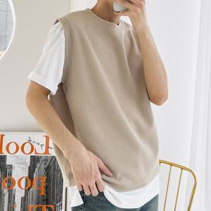 남자 솔리드 골지 리브드 라운드 니트 조끼 5C-VEA-Q116-베이지