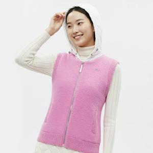 샵앤) 여성 방한 부클 투톤 후드 집업 레이어드 골프 니트 조끼 LB-WVS-20888-레드