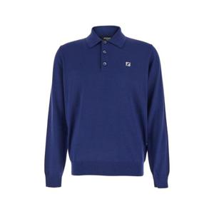 FENDI Blue Long Sleeve Polo Shirt with Classic Collar and FF Plaque on the Front in Wool Man FZC167AU84F0QA2