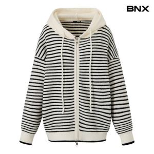 [BNX]스트라이프 후드 배색 집업 니트 가디건 (BX4CD046L0)