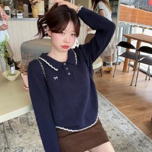 샵앤) 여성 단추 반오픈 펀칭 카라넥 니트 티셔츠 21DS-WKN-4981-네이비