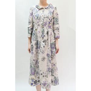 [비꼴리끄]린넨 프린트 라운드 카라 칠부 원피스 B242WO3230