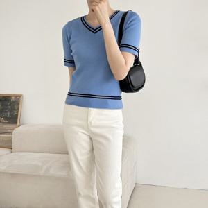 샵앤) 국산 여성 라인V넥 반팔 니트티 21DS-WKN-3065-네이비