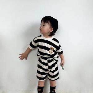 [조이멀티]블랙단가라 곰돌이 아동 반팔 반바지 상하세트 205387