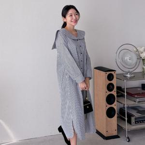 샵앤) 스트라이프 셔츠 세일러 롱 원피스 ARA-WDR-3864-블랙