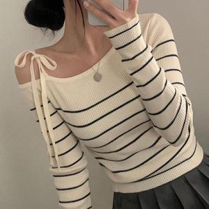 리본숄더 발레코어 골지 무용복 여리핏 스프라이프 티셔츠