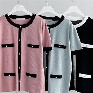 트위드 배색 반팔티 205G887S 빅사이즈 여성의류