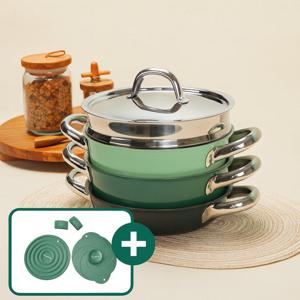 알레보 디엣지 클리어 그린컬러 인덕션 통3중 스텐 냄비 세트(실리콘 손잡이 냄비받침 뚜껑 포함)