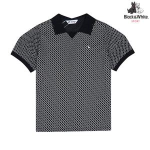 [블랙앤화이트] 여성 핫픽스 니트 카라 프린트 반팔 티셔츠 9625LZPP_NAVY