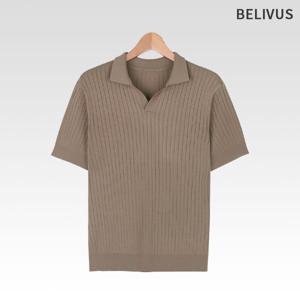 [빌리버스]남성 반팔 골지 오픈 카라 니트 티셔츠 330VRE