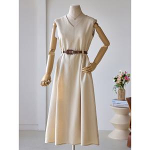 [커스텀에이블]브이넥 앞주름 A라인 원피스_T2504OP607B