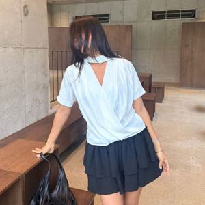 샵앤) 국산 여성 리본타이 X자셔링 정장 반팔 블라우스 MCR-WBL-4681-크림