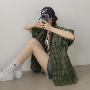 아트박스/라이니 체크 오버핏 린넨 여름 반팔셔츠 to-2585c