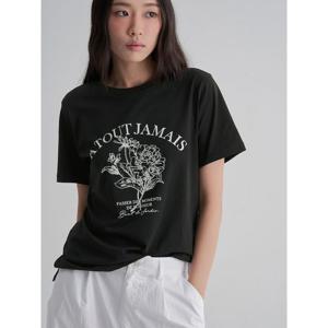 (325742LY35) [에잇세컨즈] 플로럴 레터링 그래픽 반소매 티셔츠  블랙