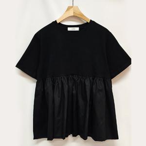 샵앤) 여성 국산 루즈핏 투톤 셔링 반팔 티셔츠 LL-WSH-4661-블랙