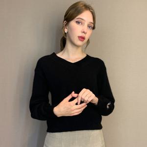 [파슨스] V-NECK PATCH KNIT LONG T-SHIRT_Black  [SADQ9NI01]