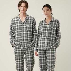 바풀 HY FX 188677-8 남녀커플 잠옷 피치기모 카라잠옷 상하세트 - 블랙 앤 화이트체크