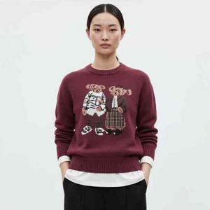 샵앤) 여성 라운드 베어 프린팅 커플 니트 티셔츠 SHA-WKN-20918-버건디