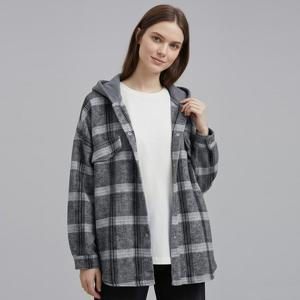 샵앤) 여성 피치 기모 체크 루즈핏 후드 롱 남방 셔츠 MSE-WBL-20963-그레이