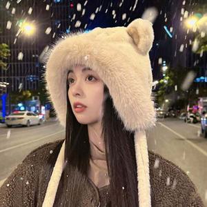 곰돌이귀 방울 퍼 귀마개 방한 모자 여성 여자 겨울