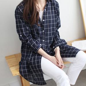 [하늘바라기]유즈 사각 체크 롱 남방