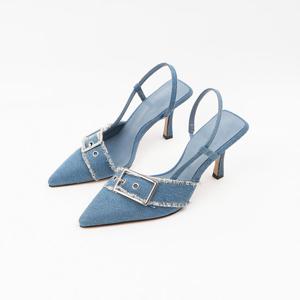 [신난다슈]여성 슬링백힐 8cm 슬링백 구두 펌프스힐 하이힐 데님 스틸레토 JM243001 블루