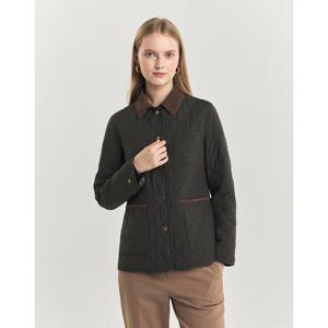 헤지스 여성 24FW 퀼팅 다크카키 체크 안감 코듀로이 배색 숏 퀼팅 점퍼 HSJU4DC91K3