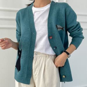 샵앤) 여성 Y 고양이 앞포켓 긴팔 가디건 CAT-WCD-3837-청록
