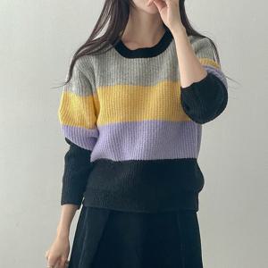 샵앤) 여성 라운드넥 그라데이션 단가라 니트 티셔츠 21DS-WKN-4069-네이비(목선컬러)