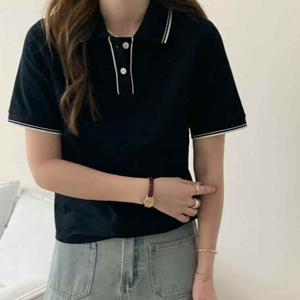 샵앤) 여성 두줄 카라넥 캐주얼 단추 반오픈 반팔 티셔츠 21DS-WSH-4245-아이_BE