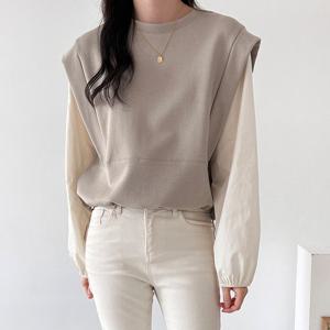 샵앤) 여성 라운드넥 밑단 스트링 믹스 블라우스 티셔츠 21DS-WSH-4150-블랙