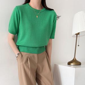 샵앤) 국산 여성 라운드넥 베이직 반팔 니트 티셔츠 21DS-WKN-4159-옐로우