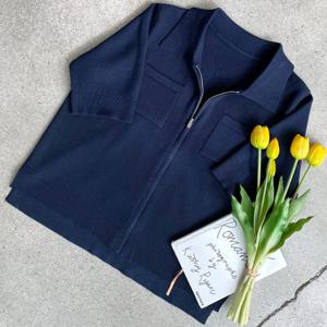 샵앤) 여성 카라넥 가슴 포켓 베이직 반팔 니트 집업 가디건 DGB-WCD-4311-네이비