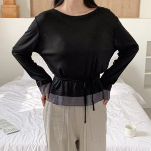 샵앤) 여성 라운드넥 레이스배색 허리끈 시스루 레이어드 티셔츠 SIU-WSH-4349-블랙