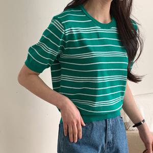 샵앤) 국산 여성 라운드넥 단가라 면사 100 반팔 니트 티셔츠 21DS-WKN-4386-그린