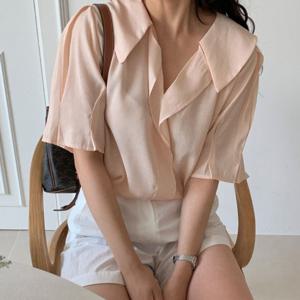 샵앤) 여성 프릴 V카라넥 셔링 하늘하늘 반팔 블라우스 CAT-WBL-4411-핑크