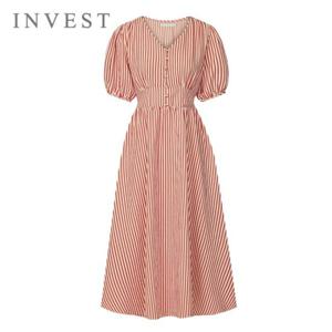 스트라이프 볼륨 소매 플레어 원피스_INI5M1OP3631