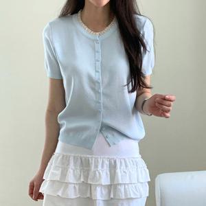 샵앤) 여성 레이스 라운드넥 스퀘어단추 반팔 니트 가디건 21DS-WCD-4445-블랙