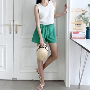 샵앤) 국산 여성 리본 허리밴딩 휴양지룩 소프트 린넨 숏 팬츠 SML-WPT-4434-핑크