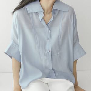 샵앤) 여성 카라넥 럭셔리 루즈핏 시스루 반팔 셔츠 블라우스 CAT-WBL-4412-네이비