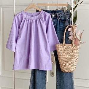 샵앤) 여성 넥라인 셔링 뒷단추 나그랑 루즈핏 6부 블라우스 BONG-WBL-4507-바이올렛