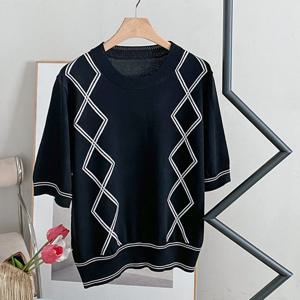 샵앤) 여성 라운드넥 더블다이아 루즈핏 반팔 니트티 BONG-WKN-4592-블랙